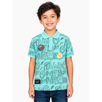 Boys Think Love Mint Green Doodle Printed Polo T-Shirt