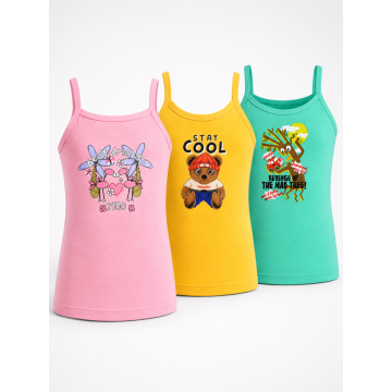 Cotton Comfort Printed Girls Camisole Vest - Aqua Pink Yellow Pack of 3