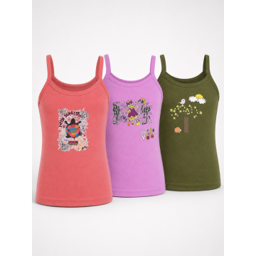 Cotton Comfort Printed Girls Camisole Vest - Olive Purple Peach Pack of 3