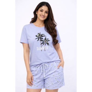 Women's Lavender "Summer" Palm Tree Graphic T-Shirt & Striped Shorts Set