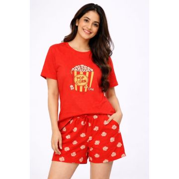 Women's Red "Popcorn Time" Graphic T-Shirt & Printed Shorts Loungewear Set
