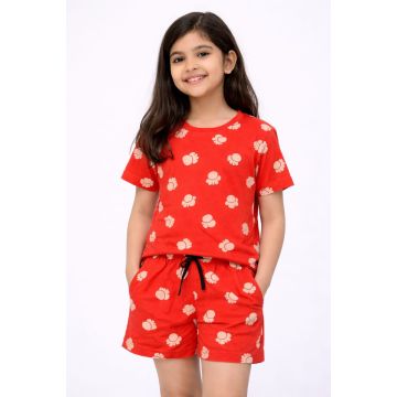 Girls' Red All-Over Popcorn Print T-Shirt & Shorts Loungewear Set