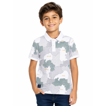 Boys White Abstract Map Printed Polo T-Shirt