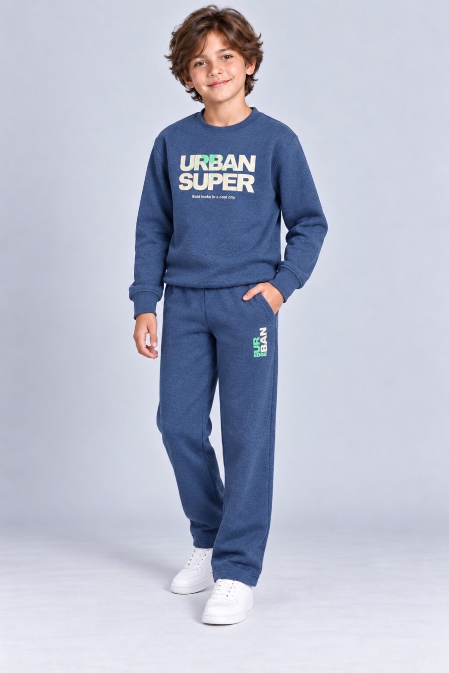 Boy in a navy cotton tracksuit